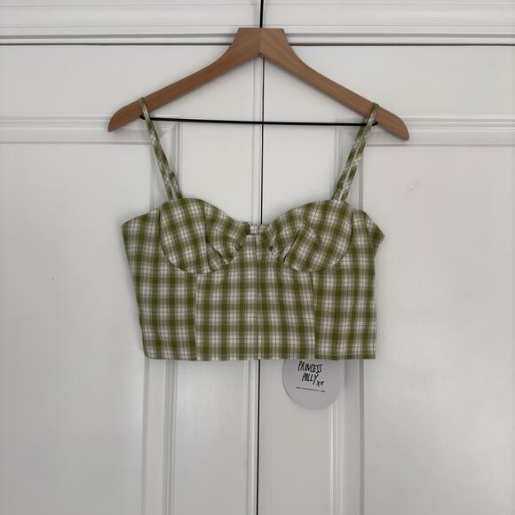Princess Polly Tuscan Top Green plaid adjustable spaghetti strap sweetheart neck - Picture 6 of 9